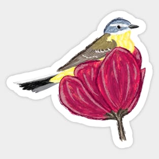 Artwork of a Western Yellow Wagtail sitting in a flower I Sticker